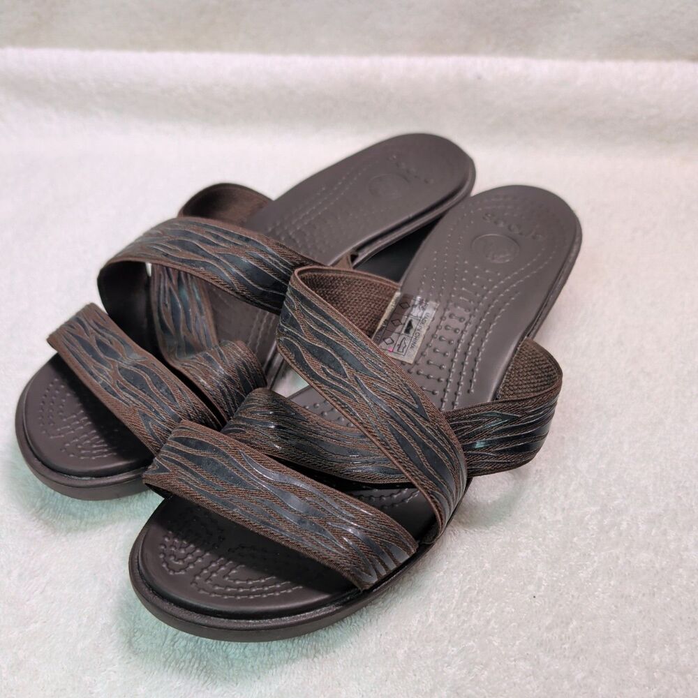 CROCS Molalla II Sandal Women’s Sz 9 Criss-cross Elastic Strap Brown Zebra Print